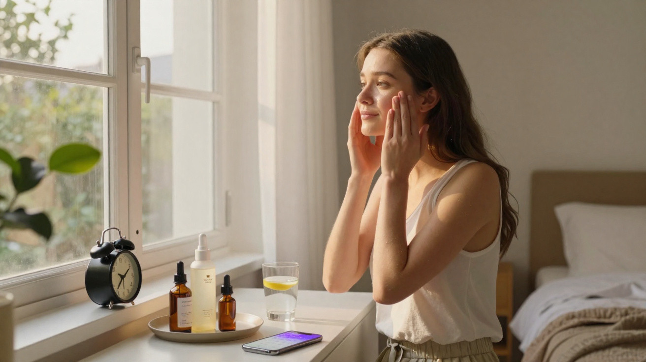 Mulher aplica creme no rosto junto à janela, com produtos de beleza e despertador na mesa ao lado.