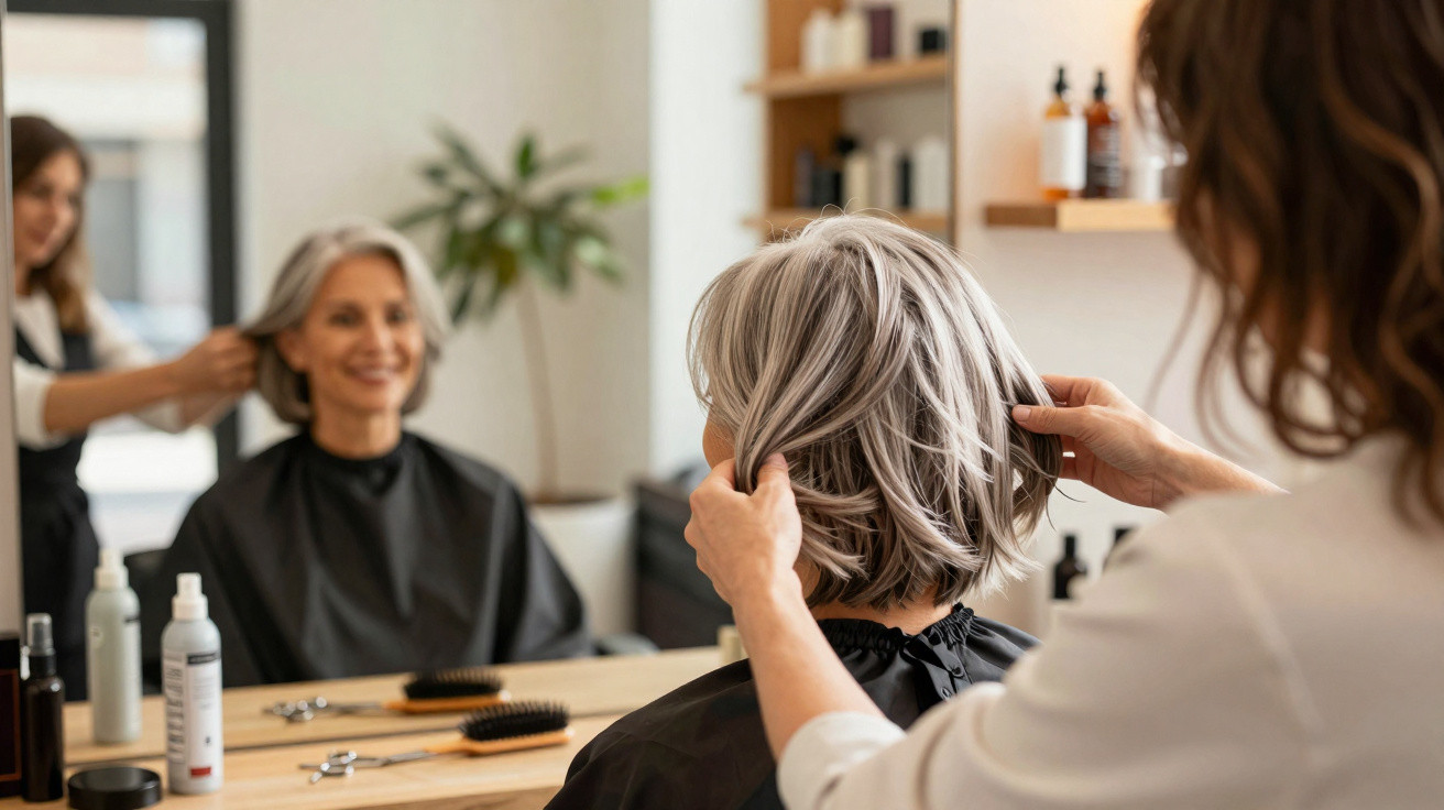 Mulher de cabelo cinza curto satisfeita enquanto cabeleireira ajeita o seu cabelo num salão moderno.