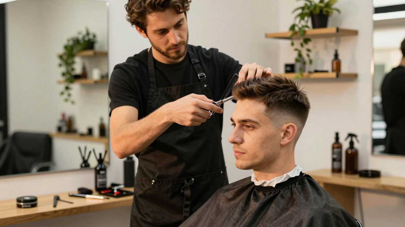 Barbeiro corta cabelo de homem jovem numa barbearia moderna e iluminada.