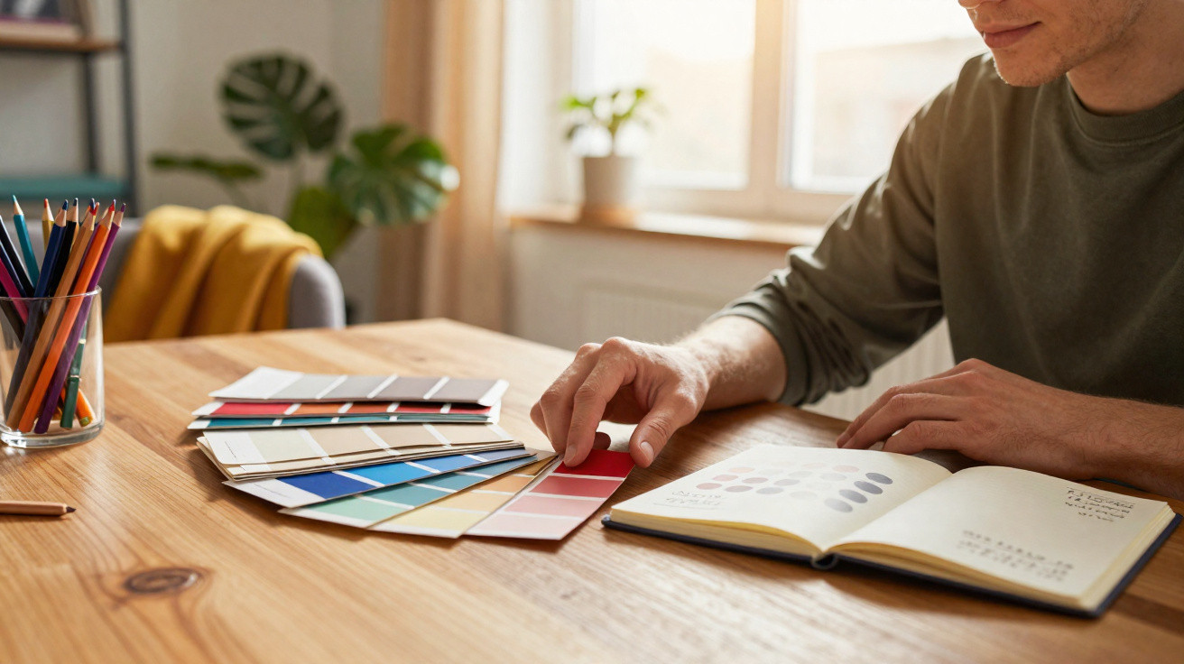 Pessoa a escolher cores num catálogo de amostras junto a livro aberto numa mesa de madeira.