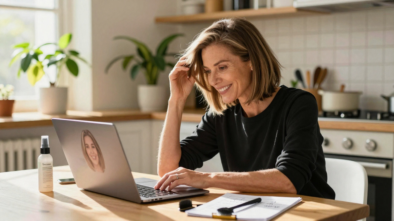 Mulher sorridente faz videochamada num computador portátil numa cozinha iluminada e moderna.
