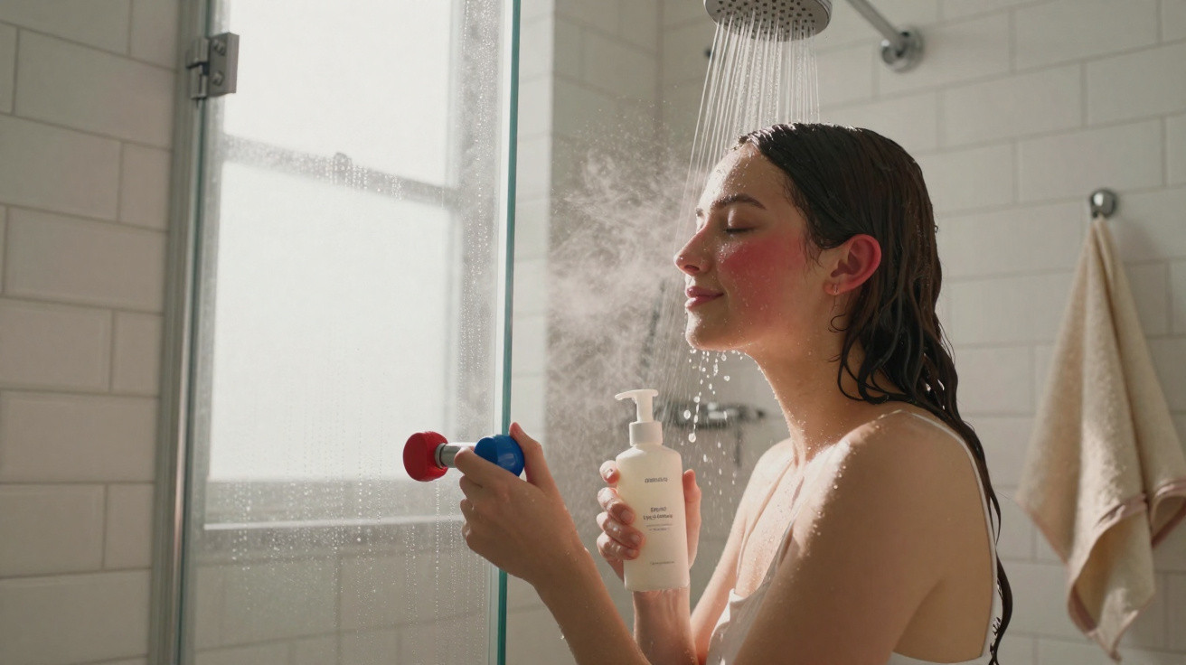 Mulher de olhos fechados a tomar duche, segurando frasco de shampoo num banho iluminado.