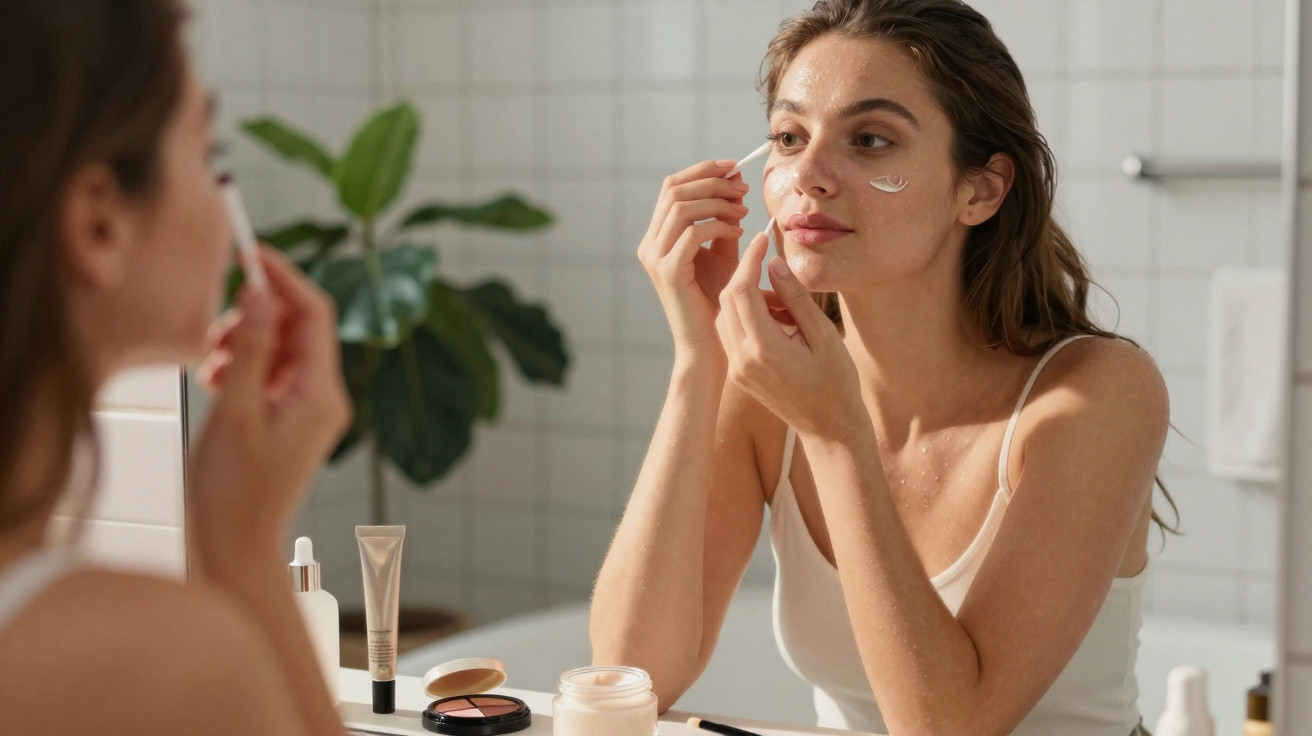 Mulher a aplicar creme facial junto ao espelho numa casa de banho com azulejos brancos.