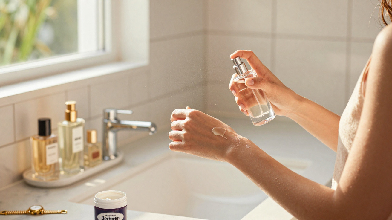 Pessoa a aplicar spray num braço numa casa de banho com vários frascos de perfume sobre a bancada.