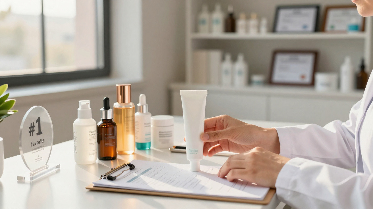 Mãos de profissional de saúde a examinar tubo de creme em mesa com vários produtos dermatológicos.