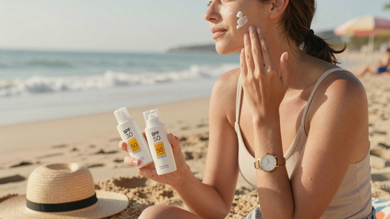 Mulher a aplicar protetor solar no rosto na praia, segurando frascos de SPF 30 e SPF 50.