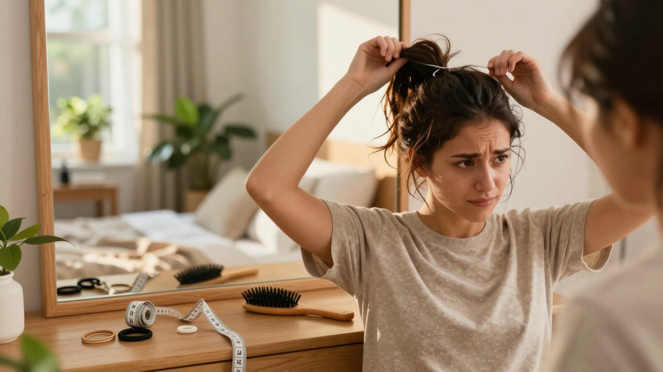 Mulher jovem com expressão preocupada a pentear o cabelo à frente de um espelho num quarto iluminado.