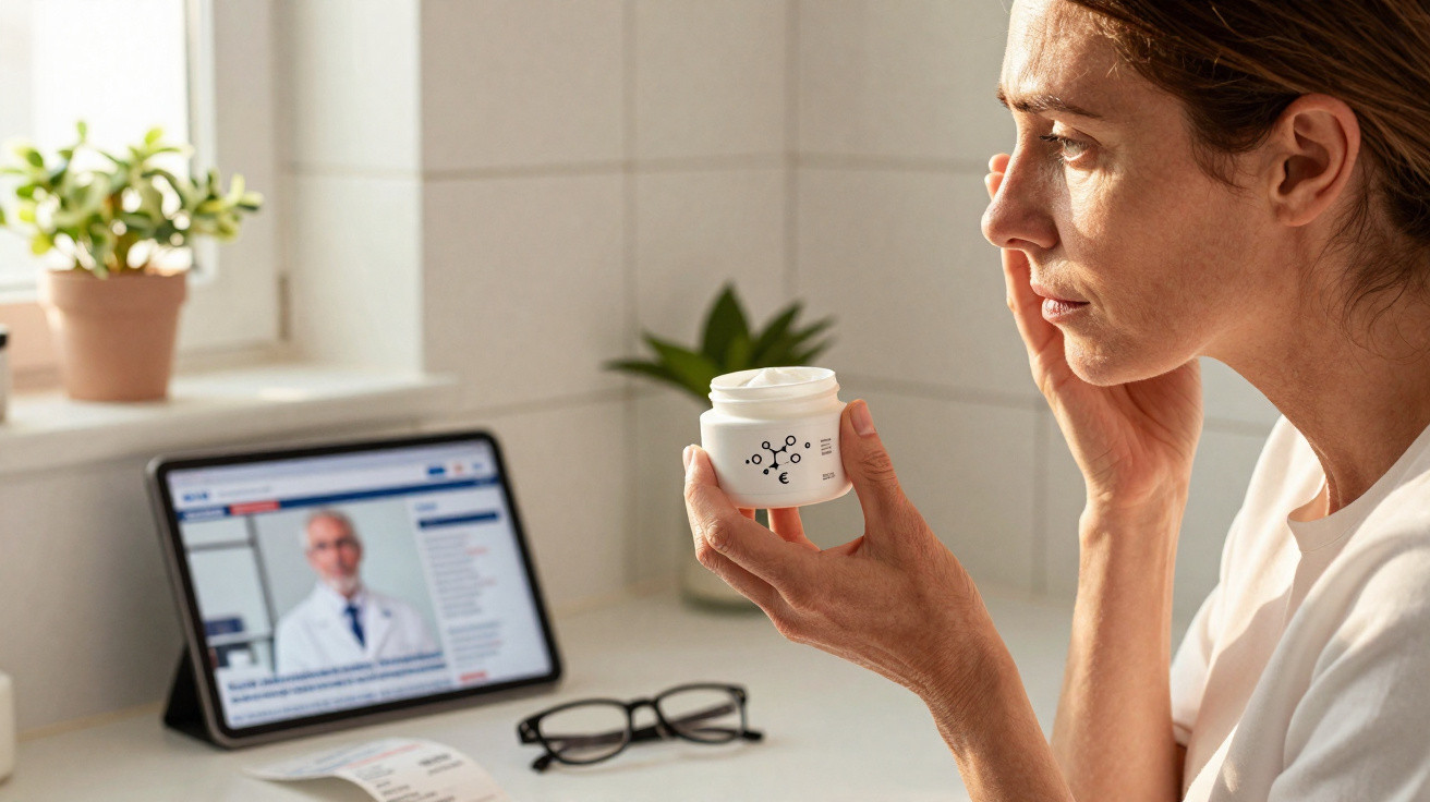 Mulher aplica creme no rosto enquanto assiste consulta médica online em tablet numa mesa com plantas e óculos.