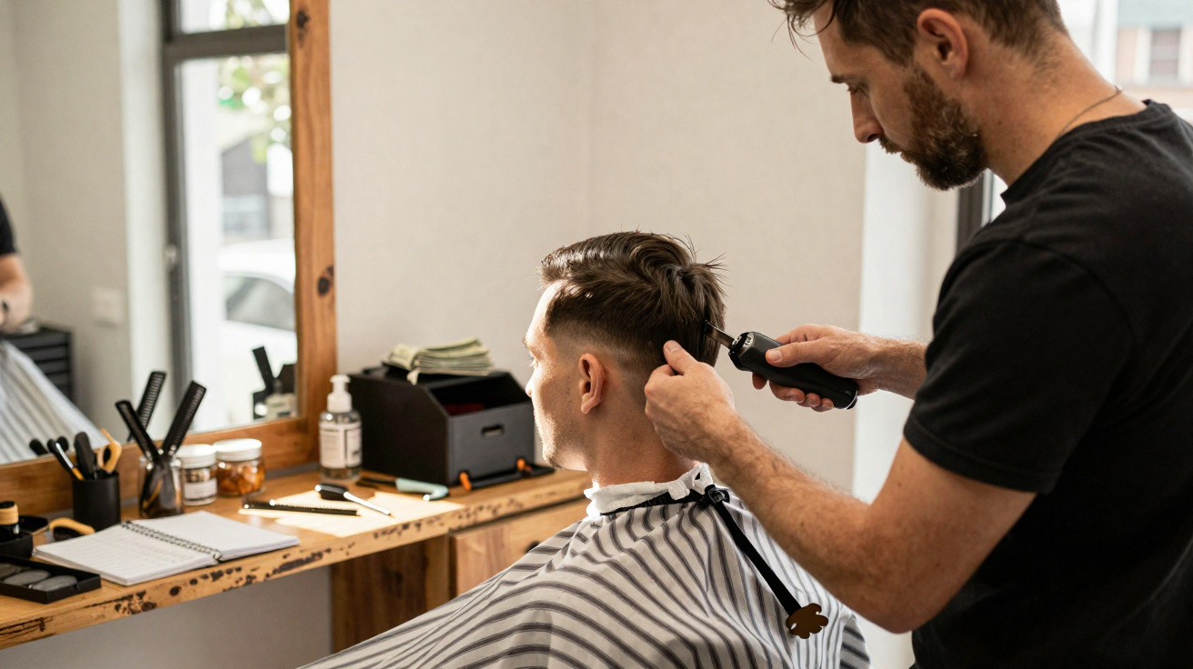 Homem a cortar cabelo com máquina num cabeleireiro moderno e iluminado naturalment.