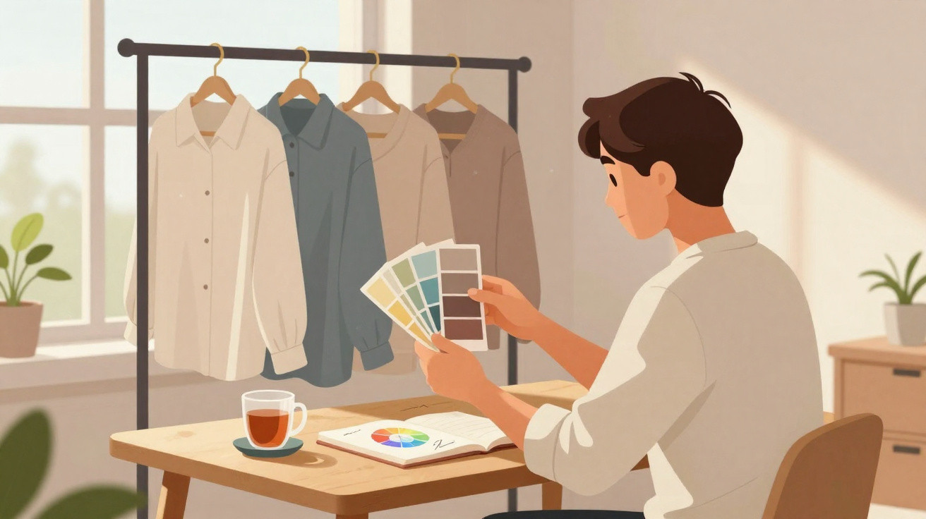 Pessoa a escolher cores para camisas penduradas junto à janela, com chá e livros na mesa iluminada pelo sol.