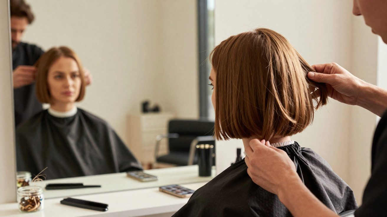 Cliente com capa preta a ser atendida num cabeleireiro, com o cabelo curto e castanho a ser ajustado.