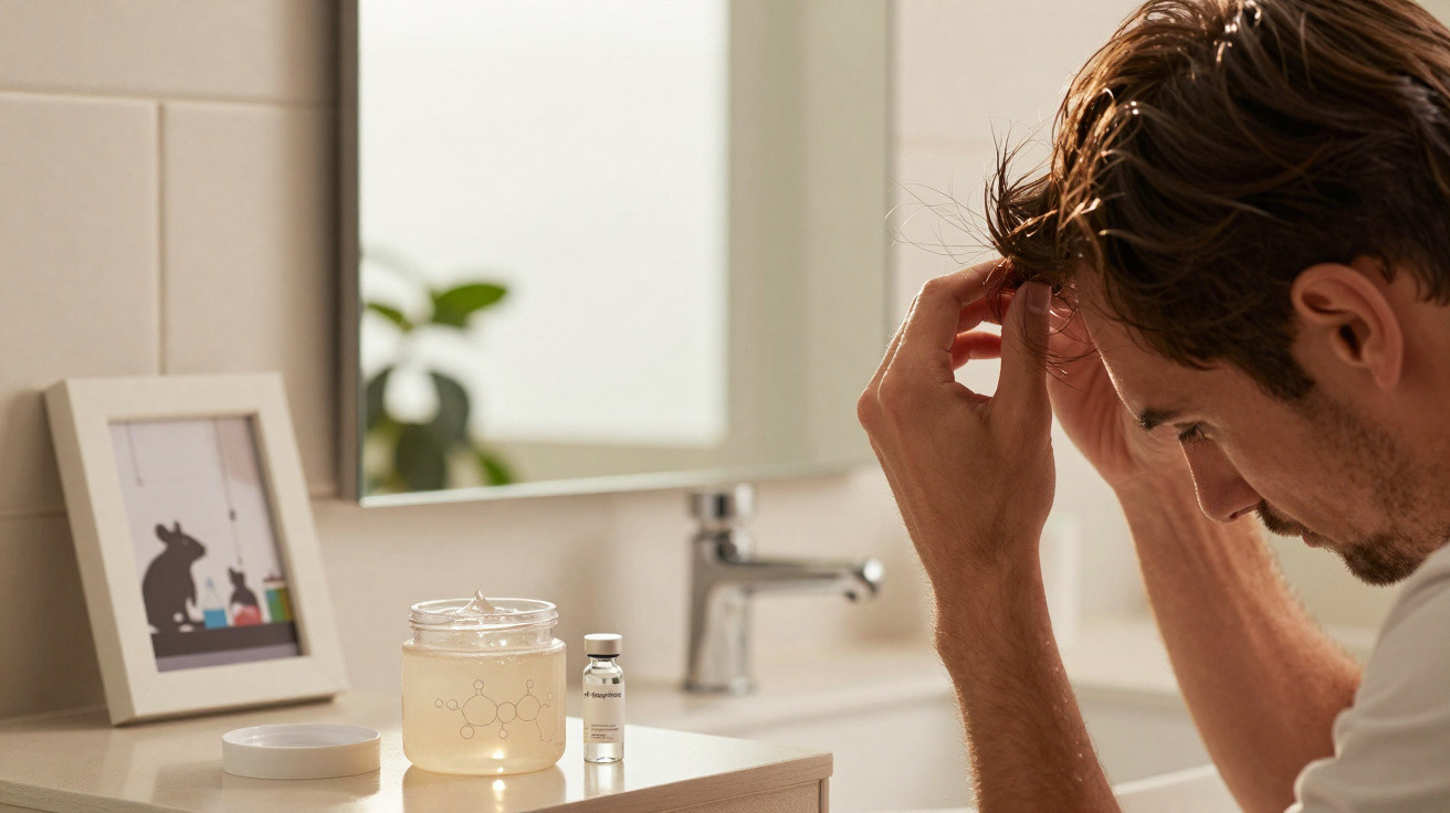 Homem a cuidar do cabelo em casa, com frascos de produtos e um quadro no lavatório.