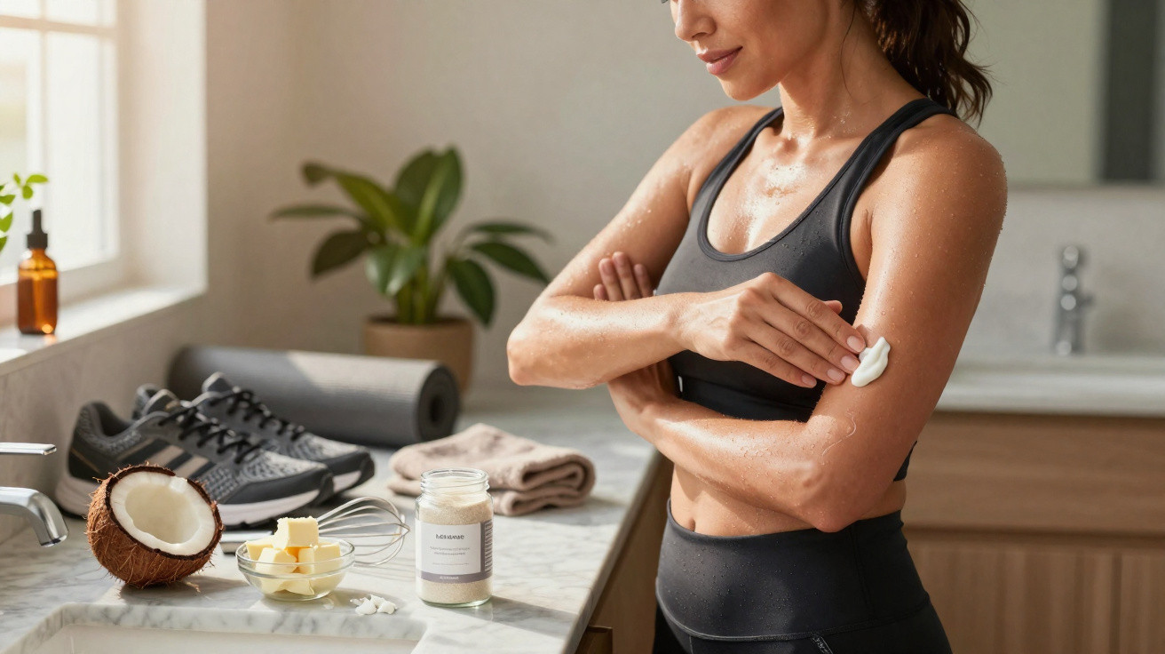 Mulher aplica creme no braço num ambiente com ténis, ingredientes naturais e acessórios de fitness.