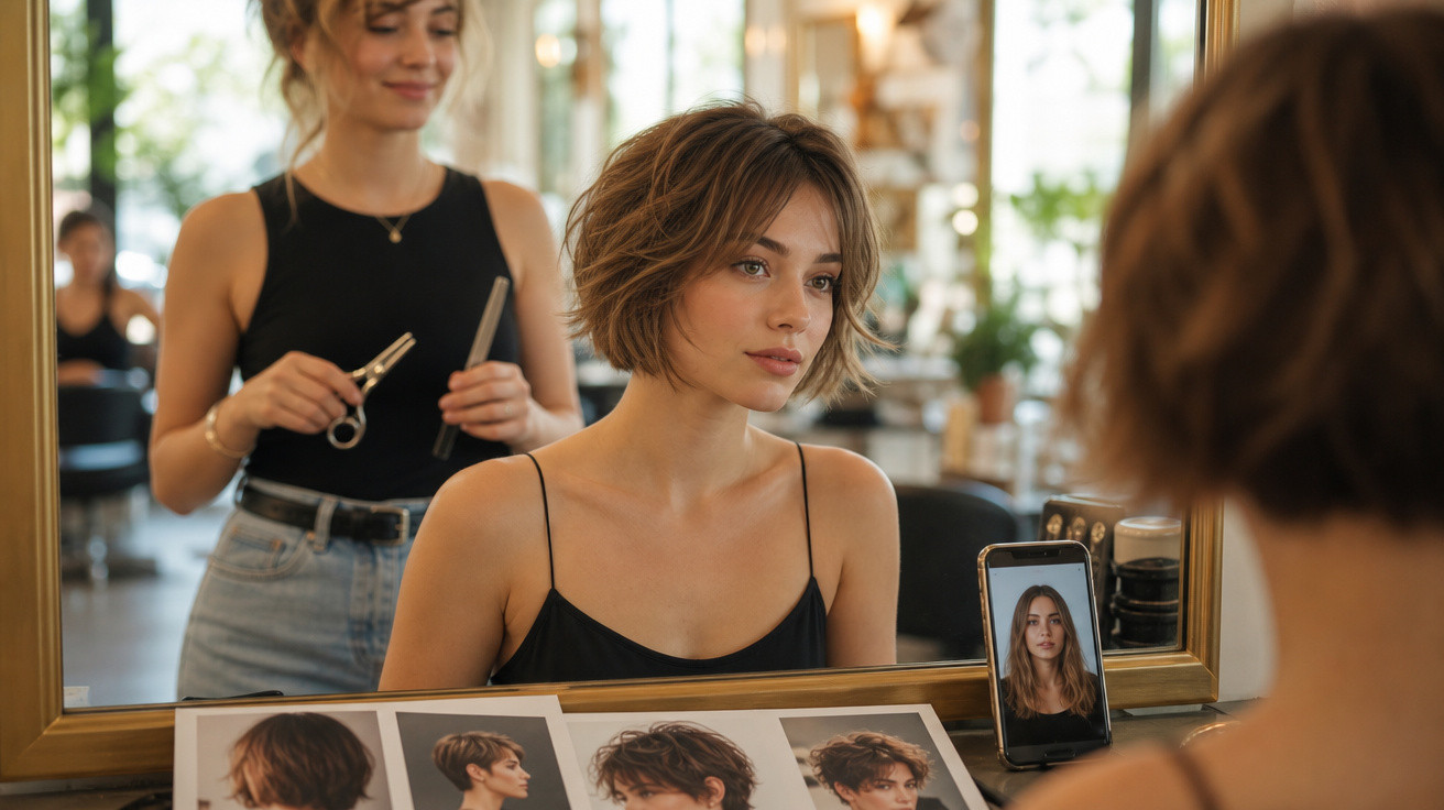 Mulher jovem com cabelo curto numa cabeleireira, olhando para o espelho com opções de cortes ao seu lado.