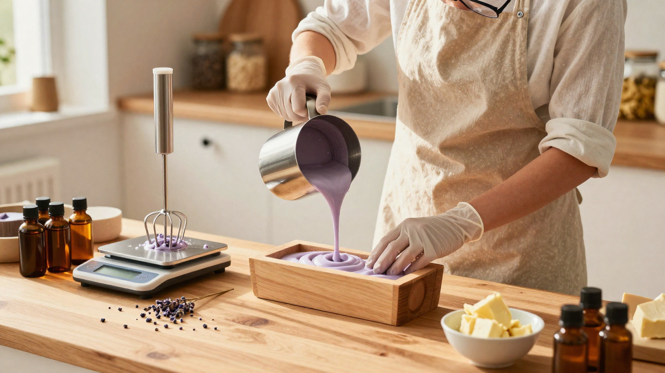 Pessoa a verter mistura roxa numa forma de madeira para fazer sabonetes artesanais numa cozinha.