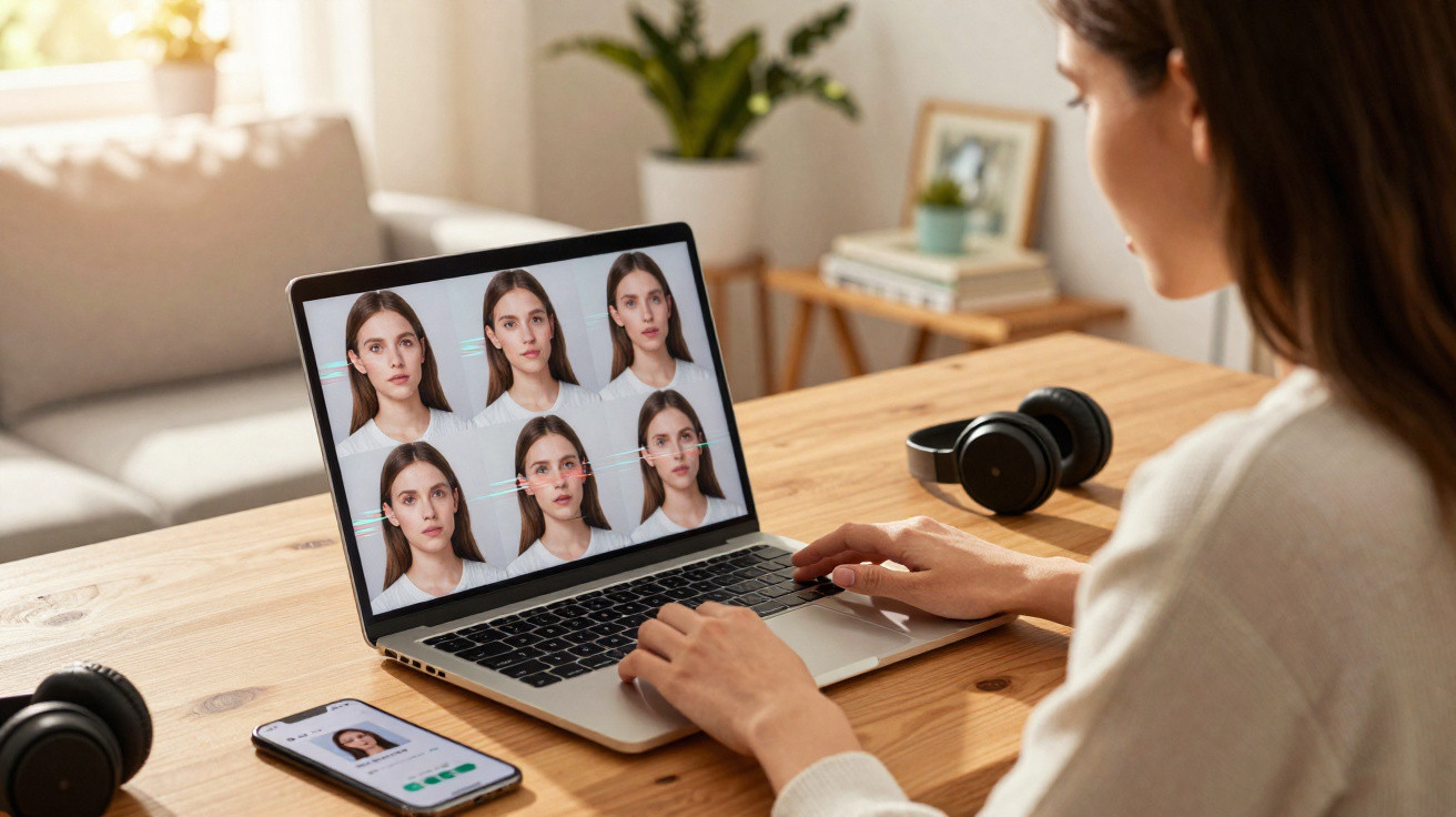 Mulher analisa reconhecimento facial no portátil, com smartphone e auscultadores numa mesa de madeira.