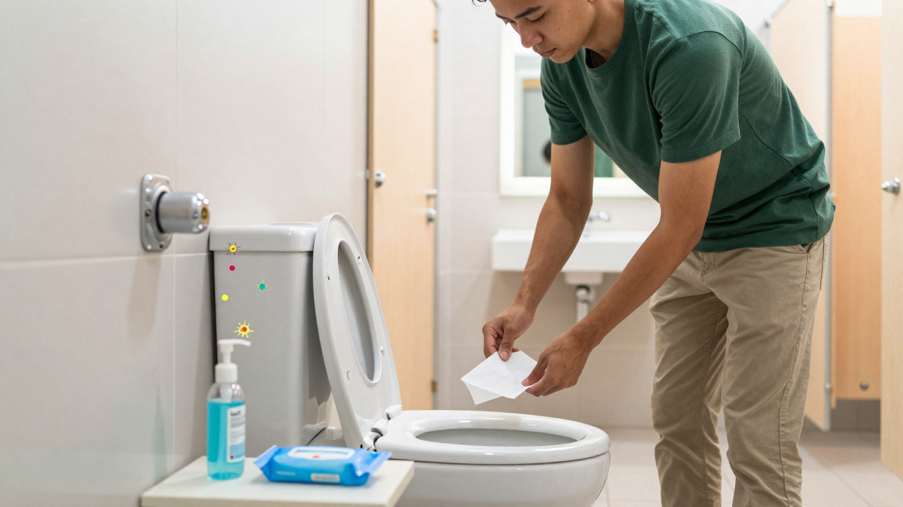 Homem a limpar sanitário público com papel higiénico numa casa de banho.