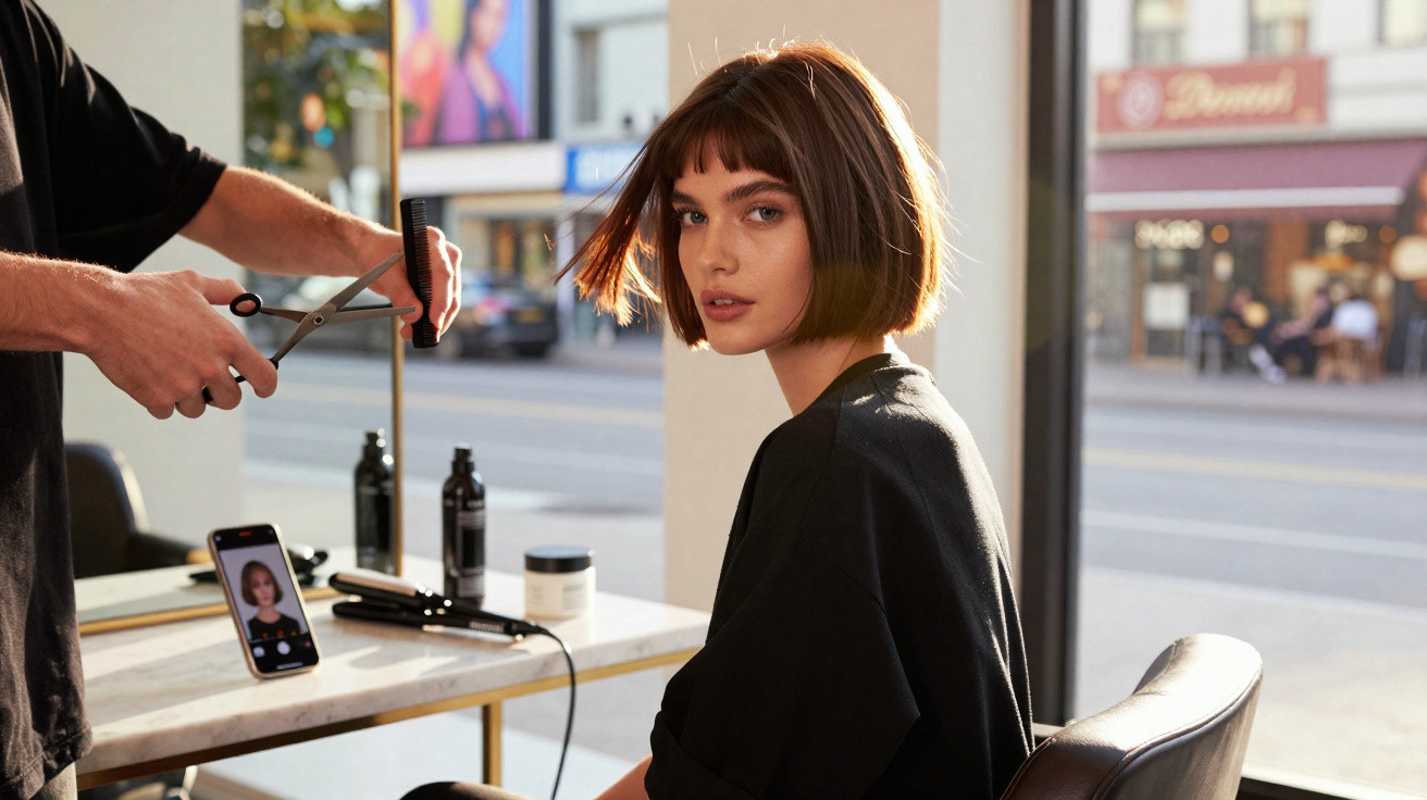 Mulher com cabelo curto castanho a ser cortado num salão de cabeleireiro com luz natural.