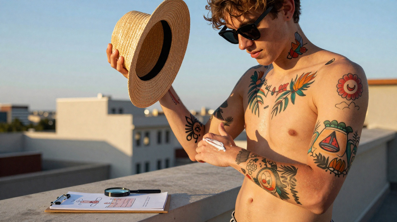 Homem com tatuagens remove protetor solar no ombro, segurando um chapéu de palha numa varanda ao pôr do sol.