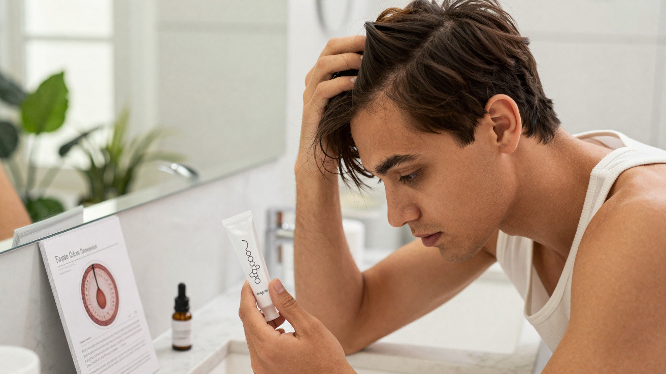 Homem no banheiro a olhar concentrado para tubo de produto para cabelo na mão.