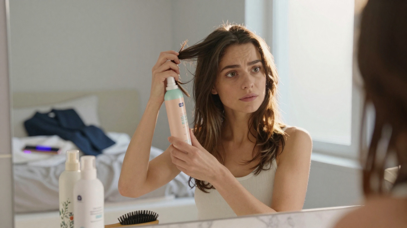 Mulher a aplicar produto capilar junto ao espelho num quarto iluminado por luz natural.