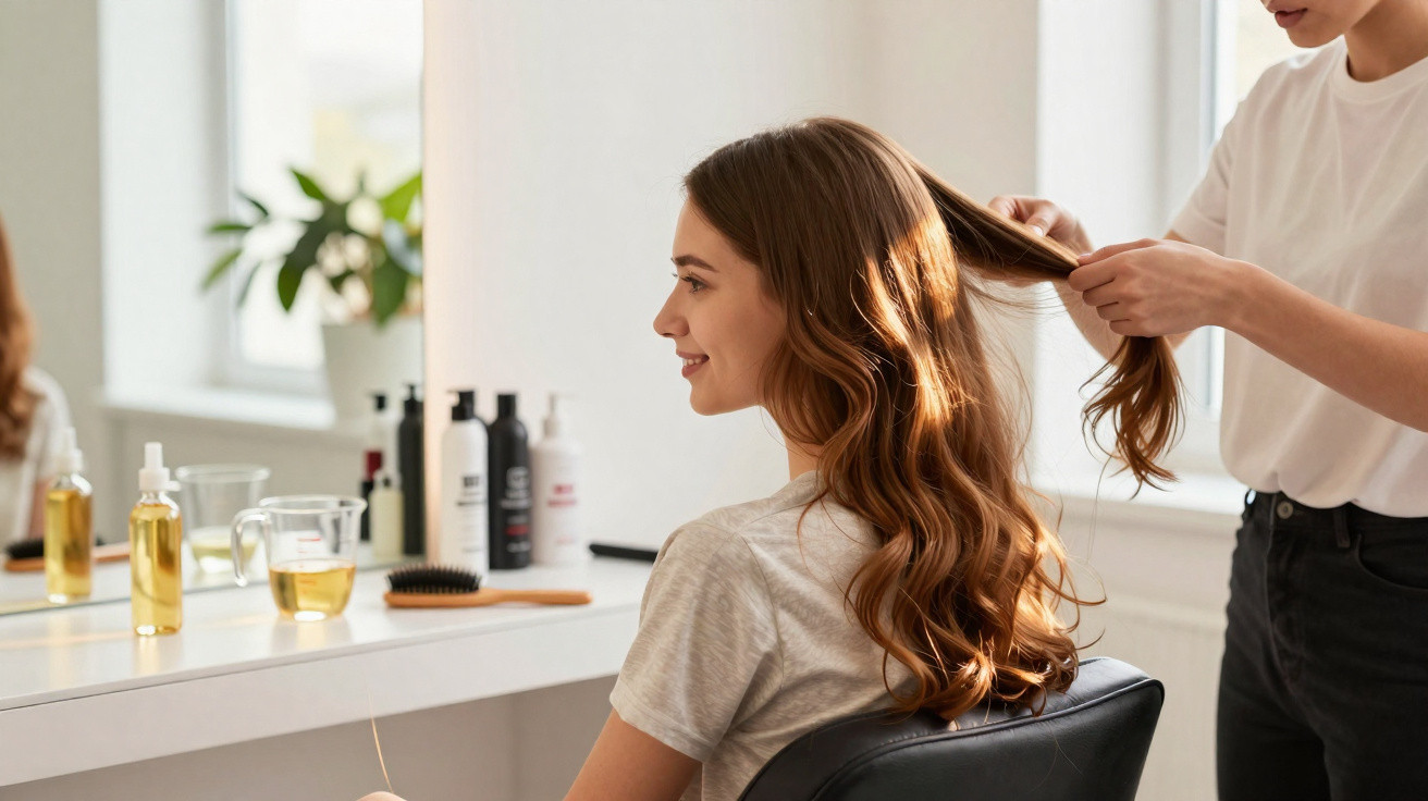 Mulher sorridente sentada num salão de beleza enquanto cabeleireiro penteia o seu cabelo longo e ondulado.