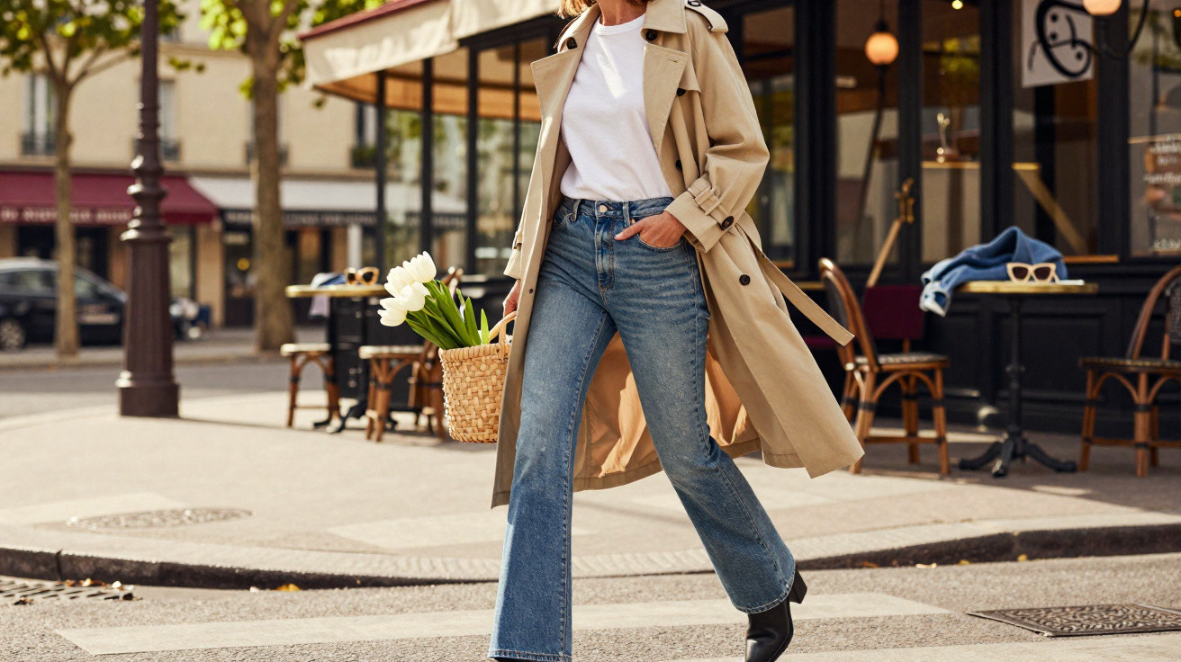 Pessoa com gabardina bege, jeans e botas pretas a atravessar rua, segurando vaso com flores brancas.