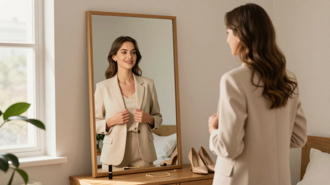 Mulher em fato bege a olhar-se ao espelho numa divisão bem iluminada com mobília simples.