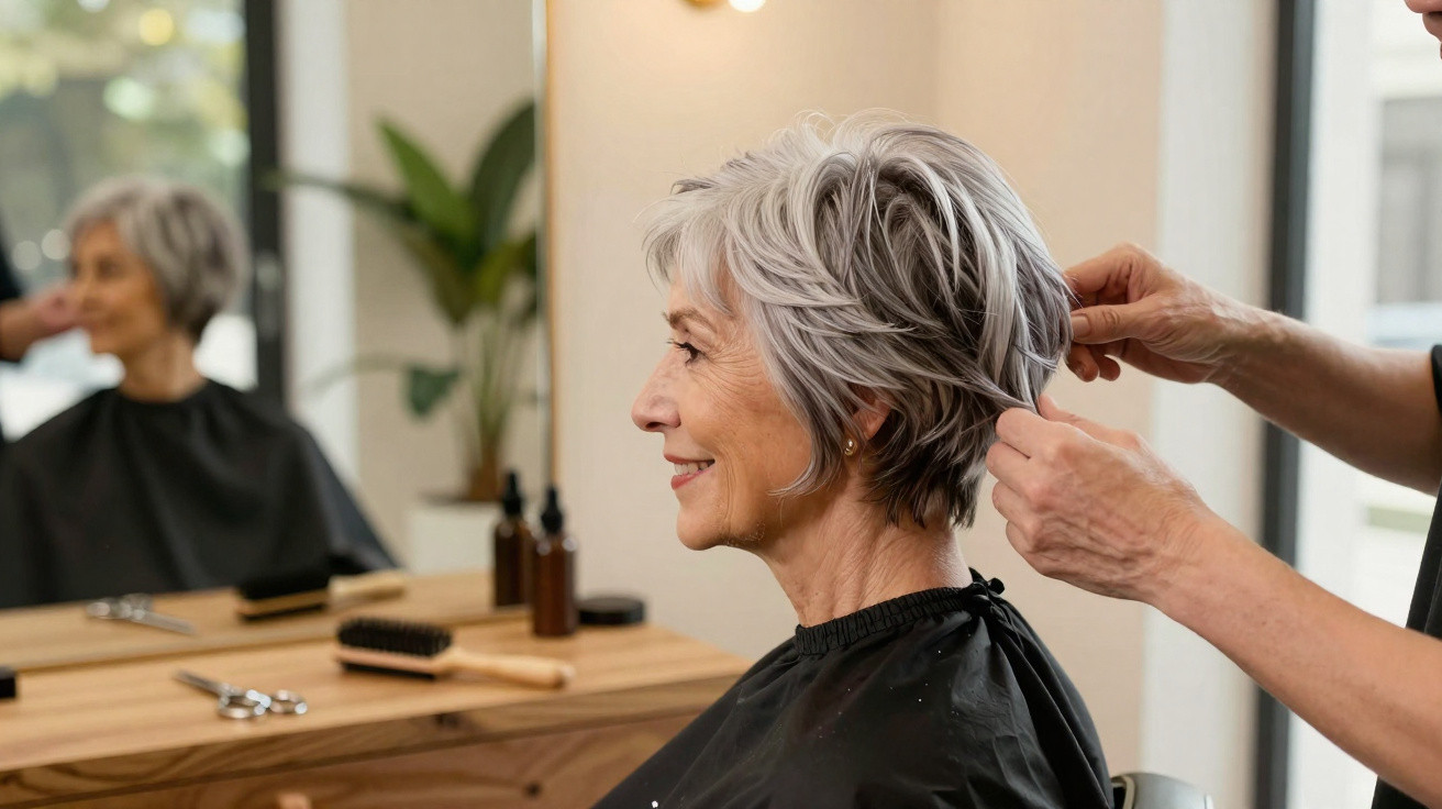 Mulher idosa sorridente a cortar cabelo num salão de beleza, com espelho e utensílios de cabeleireiro.