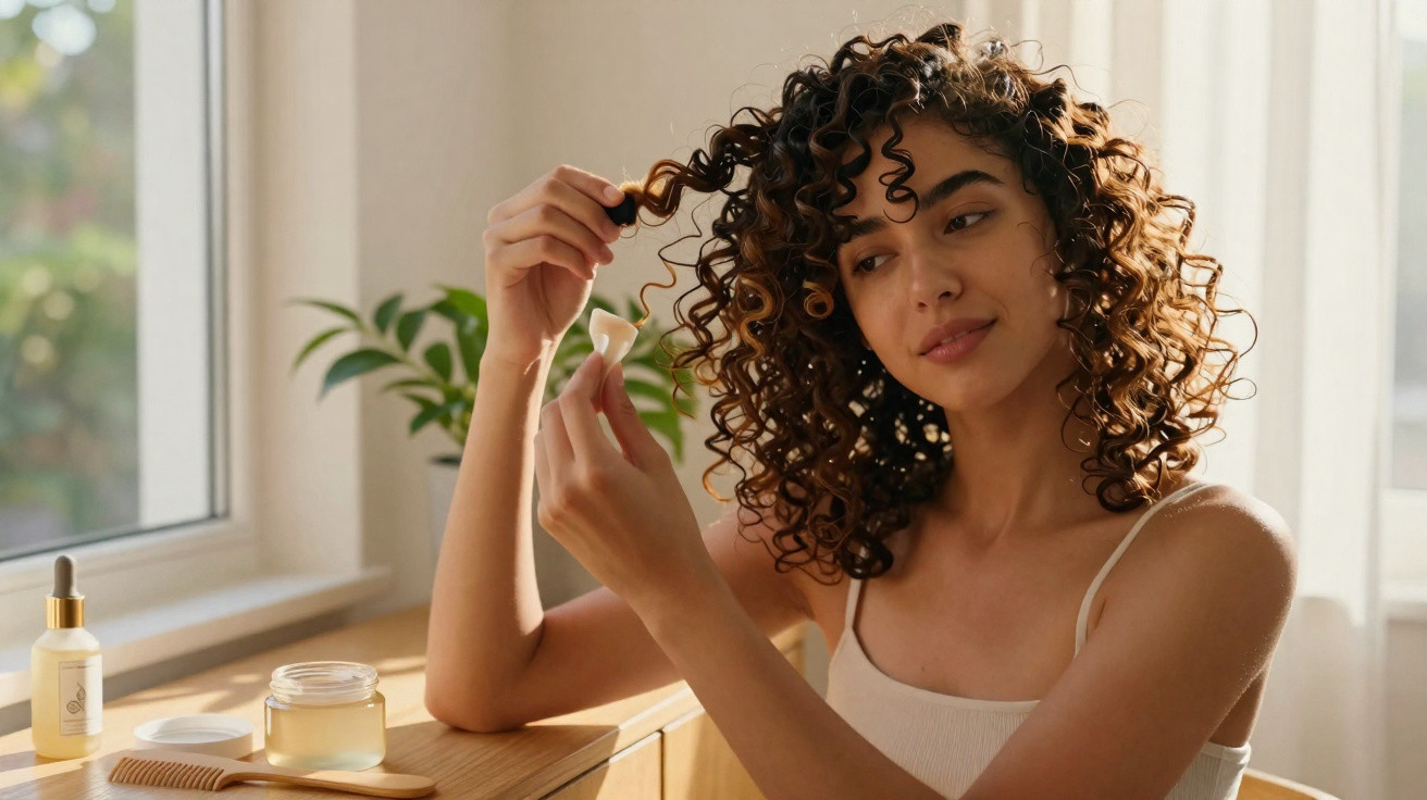 Mulher a cuidar do cabelo encaracolado, aplicando produto num ambiente iluminado junto à janela.