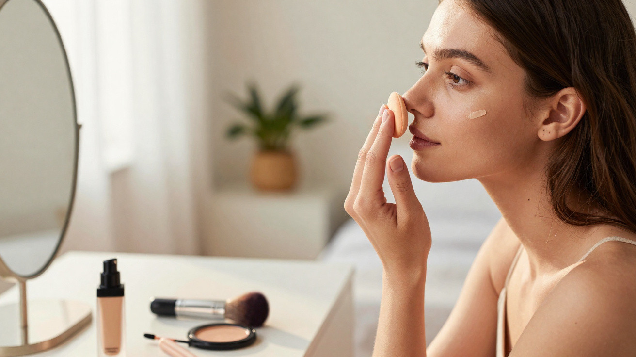 Mulher a aplicar base de maquilhagem com esponja em frente a um espelho numa mesa com produtos de beleza.