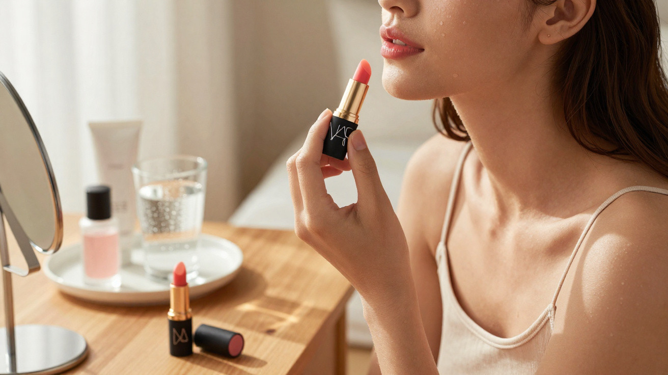 Mulher a aplicar batom coral, sentada numa mesa com espelho, vidro de água e produtos de cosmética.