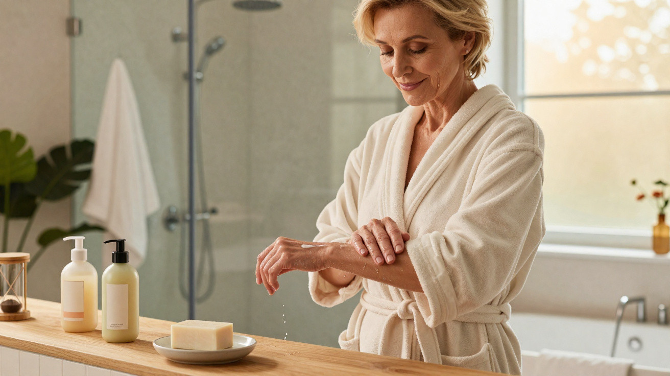 Mulher de roupão branco a lavar as mãos com sabonete líquido numa casa de banho moderna e luminosa.