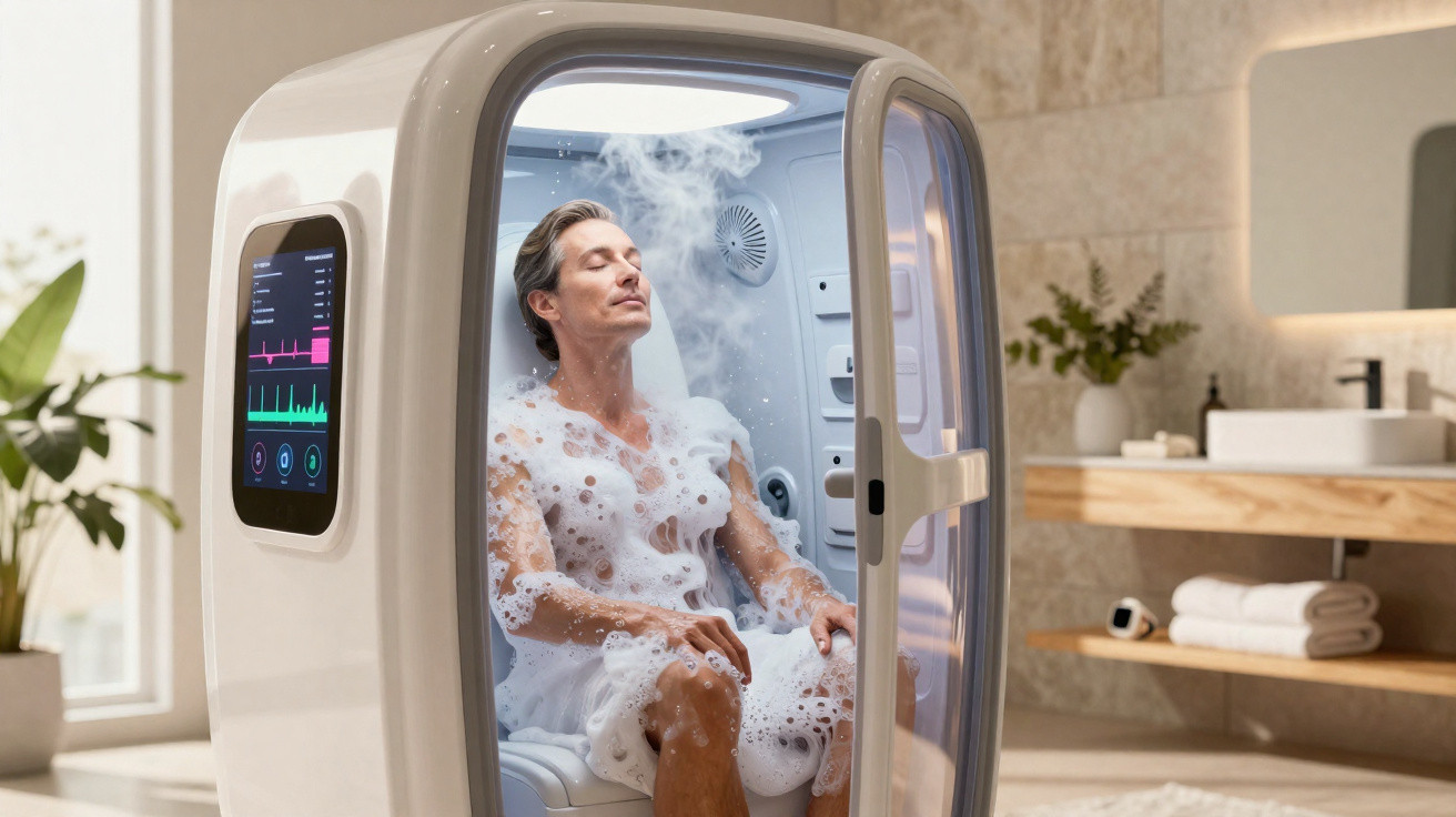 Homem relaxa dentro de cápsula de banho de vapor moderno numa casa de banho luminosa.
