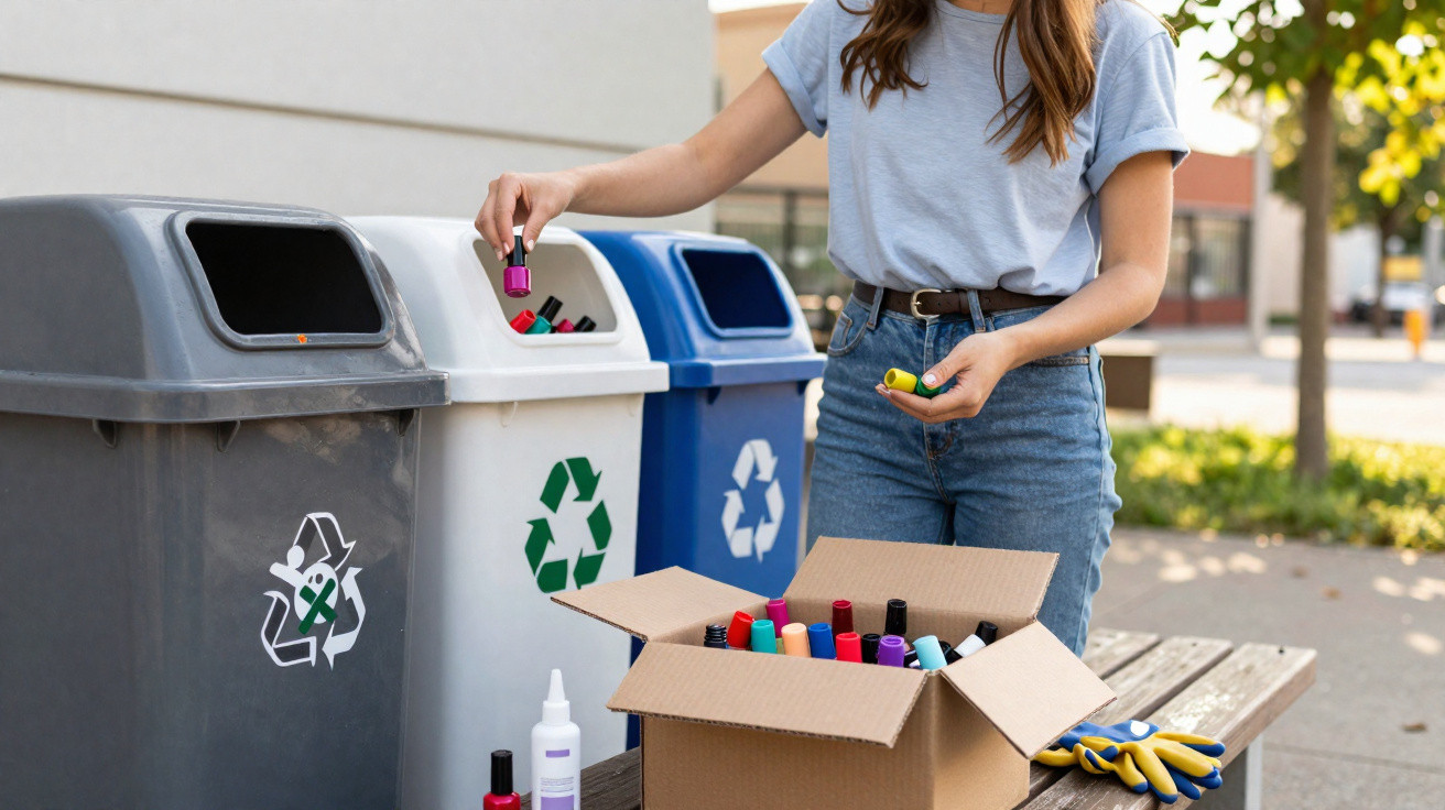 Mulher a separar vernizes para reciclagem em ecopontos de plástico, papel e vidro ao ar livre.