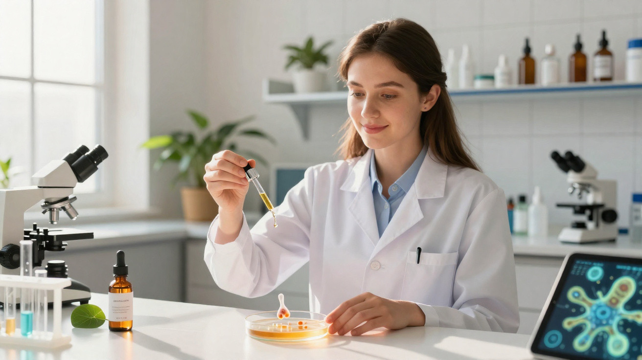 Cientista jovem em laboratório a trabalhar com pipeta e lâmina de Petri, microscópios e tablet ao fundo.