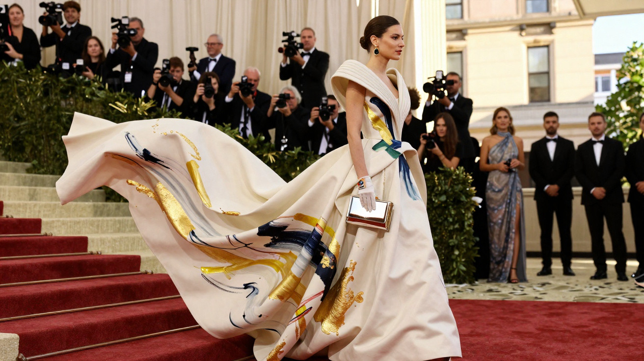 Mulher elegante com vestido longo branco e detalhes coloridos, posando num tapete vermelho com fotógrafos ao fundo.