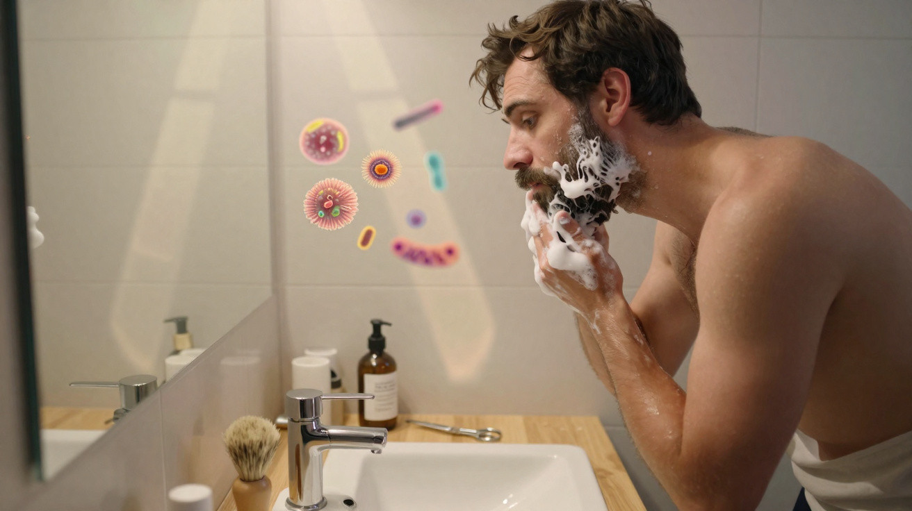 Homem a barbear-se com espuma no rosto em casa, com ilustração de bactérias no espelho do banheiro.