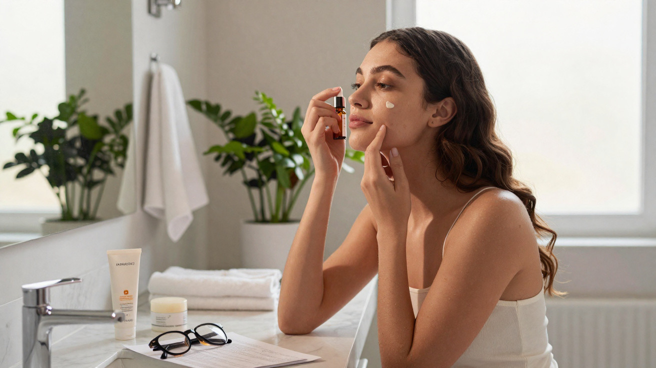 Mulher a aplicar sérum no rosto num banheiro iluminado com plantas e produtos de cuidado na bancada.